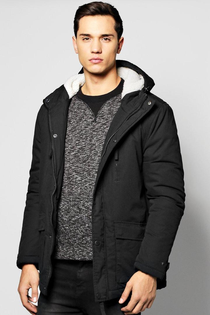 Boohoo Borg Lined Double Pocket Parka Black