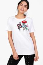 Boohoo Lola Snake And Flower Badge Oversized T-shirt White