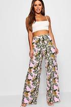 Boohoo Petite Emma Palm Print Wide Leg Trouser