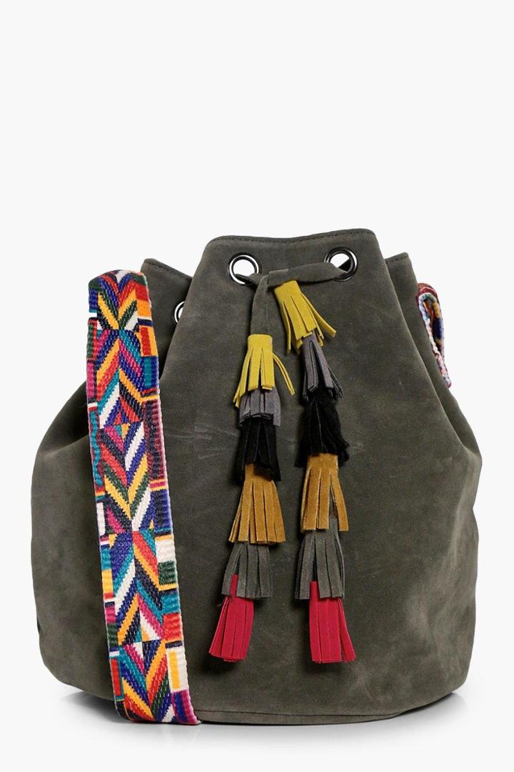Boohoo Louise Aztec Strap & Tassel Duffle Bag Khaki