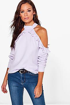 Boohoo Lisa Ruffle Cold Shoulder Blouse