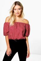 Boohoo Vicky Spot Printed Off The Shoulder Top Red
