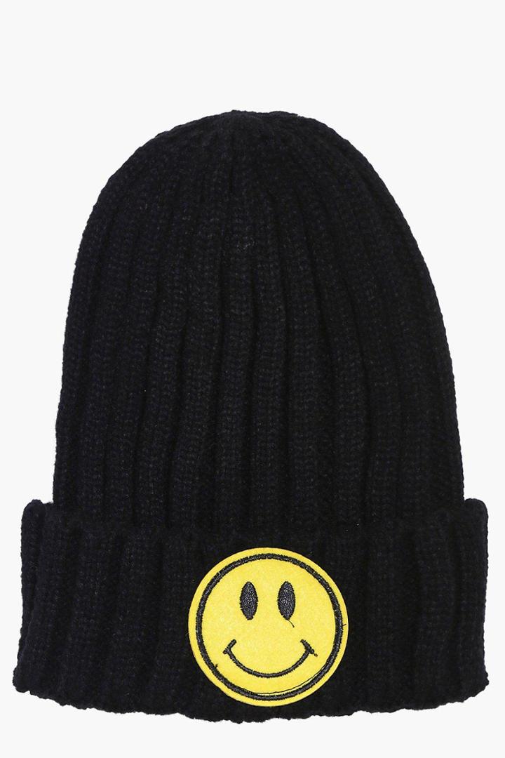 Boohoo Libby Smile Emoji Beanie Hat Black