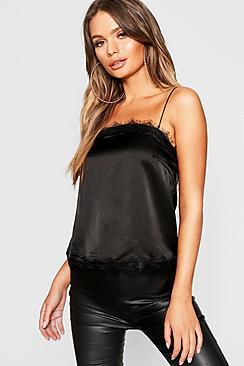 Boohoo Square Neck Lace Detail Satin Cami