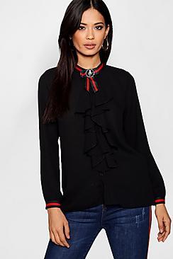 Boohoo Lilly Sports Stripe Brooch Ruffle Blouse