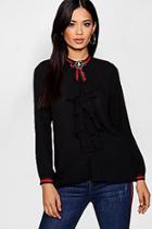 Boohoo Lilly Sports Stripe Brooch Ruffle Blouse