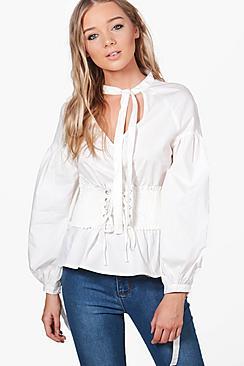 Boohoo Eva Corset Waist Balloon Sleeve Tie Neck Top