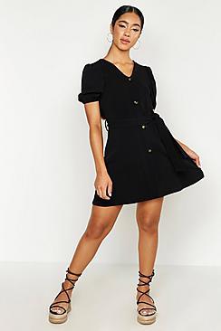 Boohoo Volume Sleeve Button Through Belted Dress