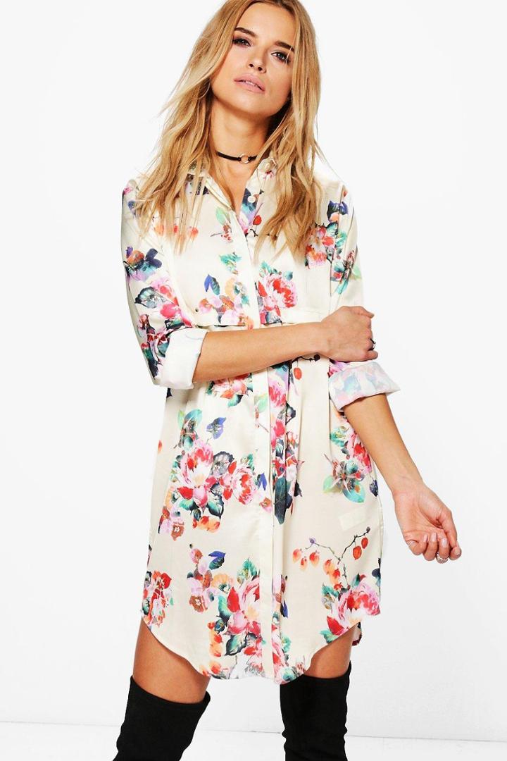 Boohoo Annie Floral Satin Shirt Dress Cream