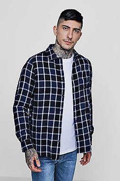 Boohoo Navy Window Pane Check Long Sleeve Shirt