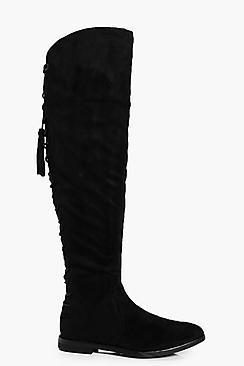 Boohoo Tia Tie Back Flat Over The Knee Boot
