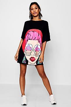 Boohoo Rosa Flared Sleeve Face Print T-shirt Dress