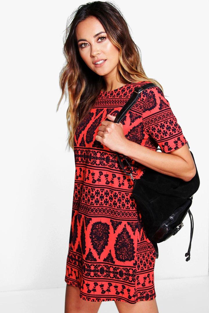 Boohoo Melli Ethnic Print Cap Sleeve Shift Dress Red