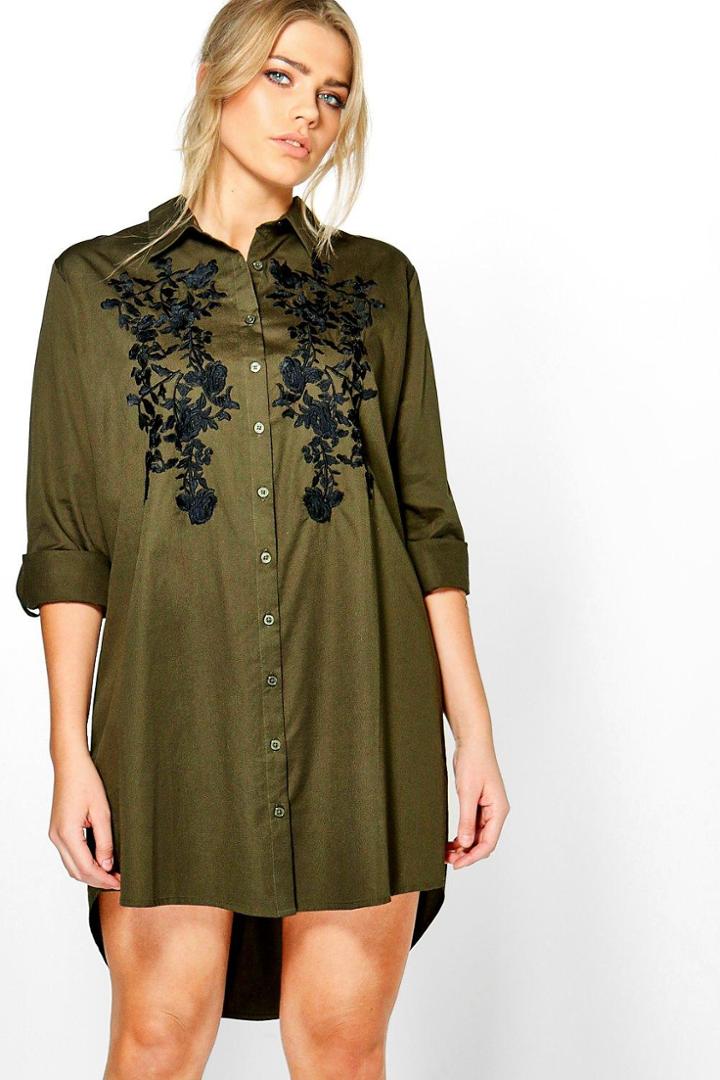 Boohoo Plus Abigail Embroidered Front Shirt Dress Khaki