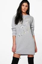 Boohoo Adelina Printed Long Sleeve Sweat Dress Grey