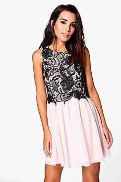 Boohoo Joley Corded Lace Top Chiffon Skater Dress
