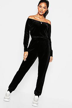Boohoo Bardot Tie Waist Velvet Jumpsuit