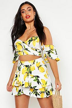 Boohoo Plus Lemon Print Volume Sleeve Bardot Top