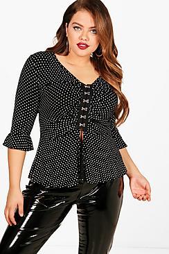 Boohoo Plus Saskia Eyelet Polka Dot Frill Top