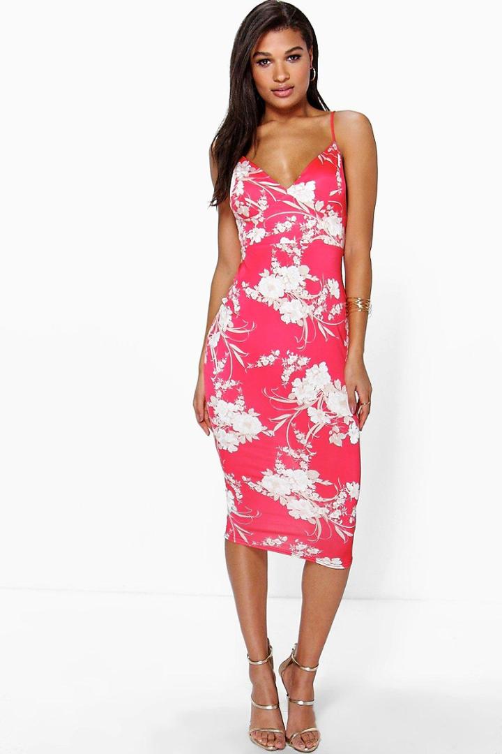 Boohoo Joslyn Oriental Plunge Neck Midi Dress Red