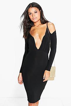 Boohoo Eva Open Shoulder Midi Bodycon Dress