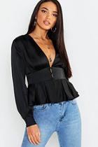 Boohoo Satin Covered Button Pleat Blouse