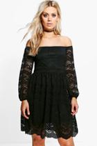Boohoo Plus Tammy Lace Off The Shoulder Waisted Dress Black