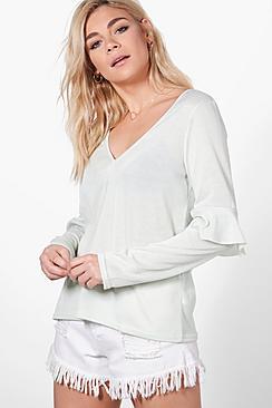 Boohoo Karina Frill Sleeve V-neck Top
