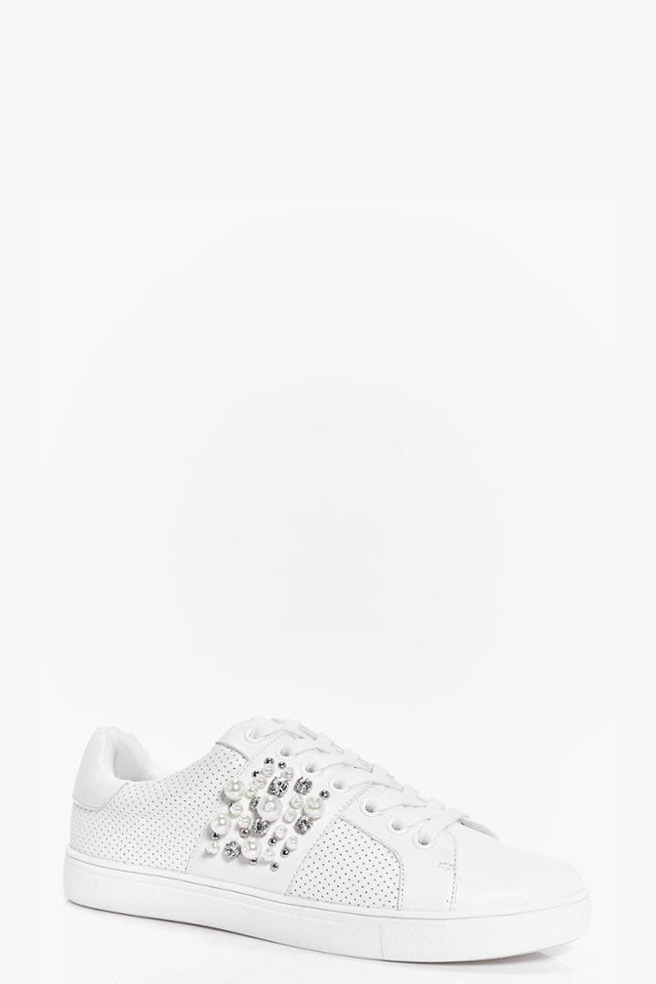 Boohoo Ivy Pearl And Diamante Trim Lace Up Trainer White