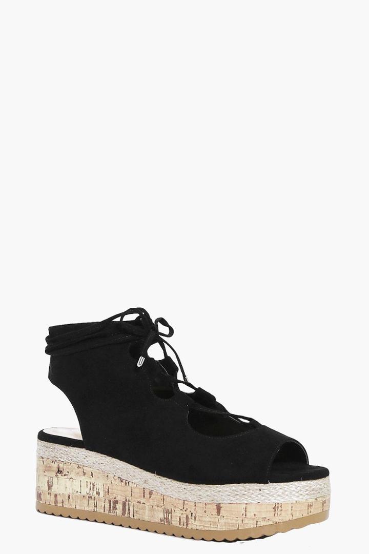 Boohoo Paige Ghillie Lace Up Flatform Wedge Black