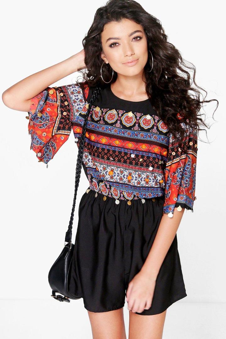 Boohoo Boutique Lara Angel Sleeve Embellished Playsuit Multi