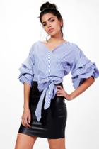 Boohoo Karina Ruffle Sleeve Stripe Wrap Shirt Blue