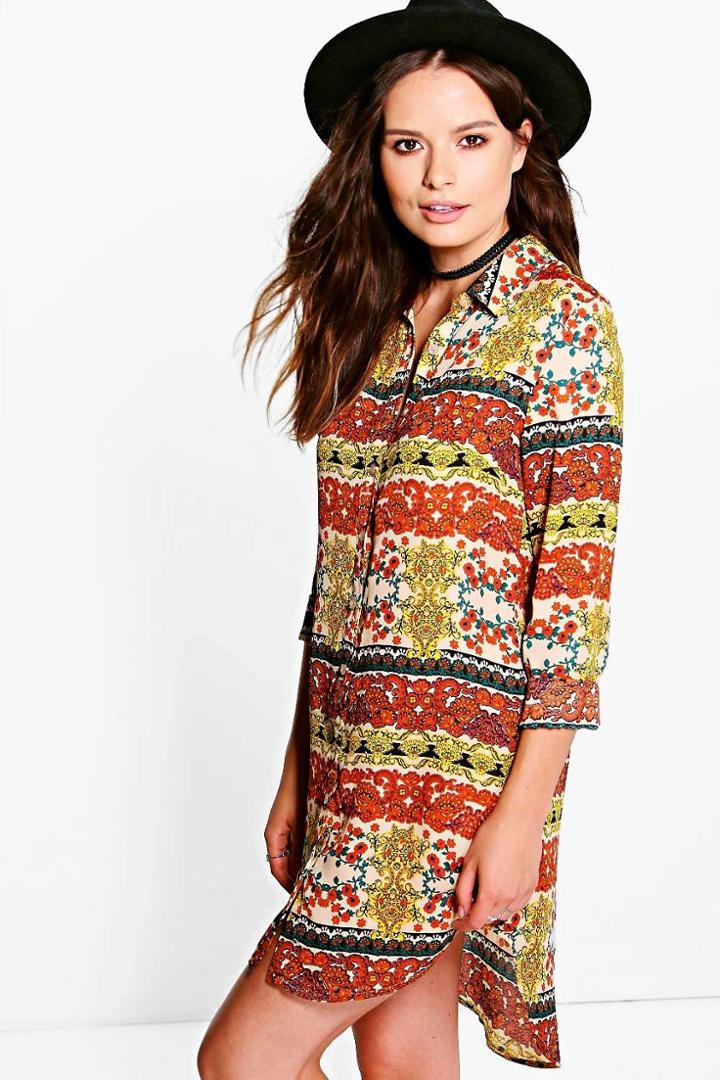 Boohoo Molly Paisley Woven Shirt Dress Mustard