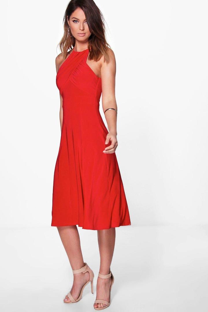 Boohoo Hazel Gather Pleat Top Midi Skater Dress Red