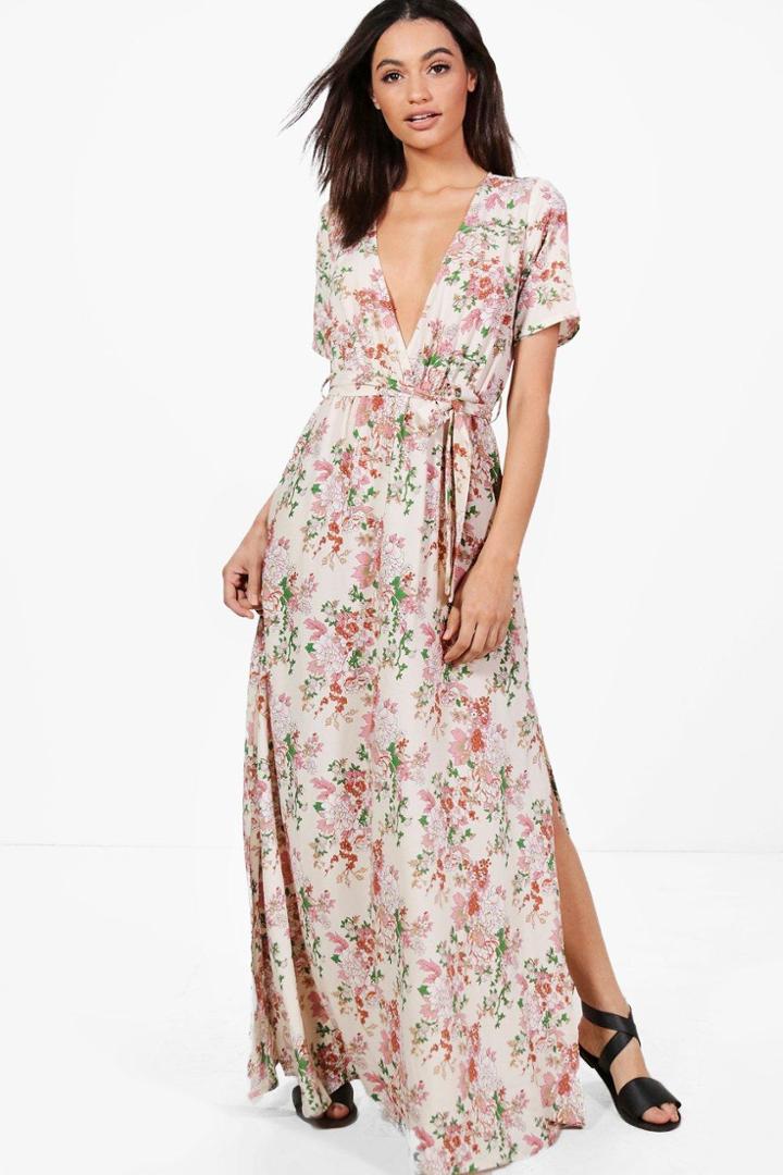 Boohoo Evie Floral Wrap Front Maxi Dress Ivory
