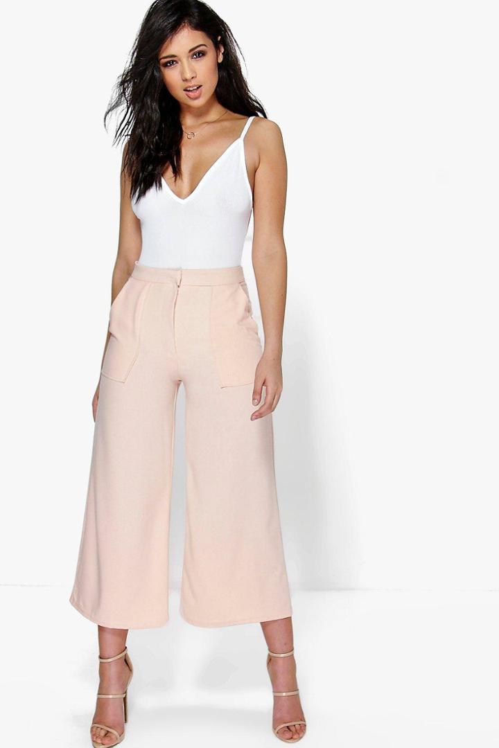 Boohoo Amira Pocket Front Wide Leg Cropped Woven Trousers Nude