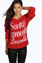 Boohoo Ruby Santa's Favourite Brunette Slash Neck Christmas Jumper Red