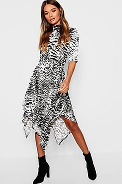 Boohoo Zebra Print Hanky Hem Midi Dress