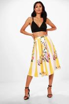 Boohoo Oriana Floral Stripe Box Pleat Skater Skirt Yellow