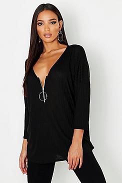 Boohoo Wide Rib O Ring Zip Pull Top