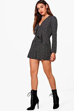 Boohoo Ruffle Front Polka Dot Playsuit