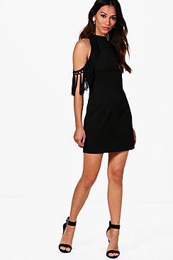 Boohoo Petite Mia Cold Shoulder Tassel Trim Bodycon Dress