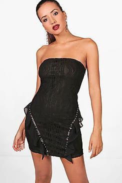 Boohoo Bandeau Lace And Stud Bodycon Dress