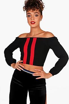 Boohoo Lilly Stripe Front Long Sleeve Bardot Crop