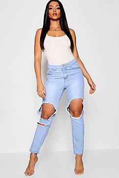 Boohoo High Rise All Over Distressed Boyfriend Jeans