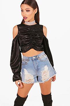 Boohoo Verity Metallic Ruched Front Crop