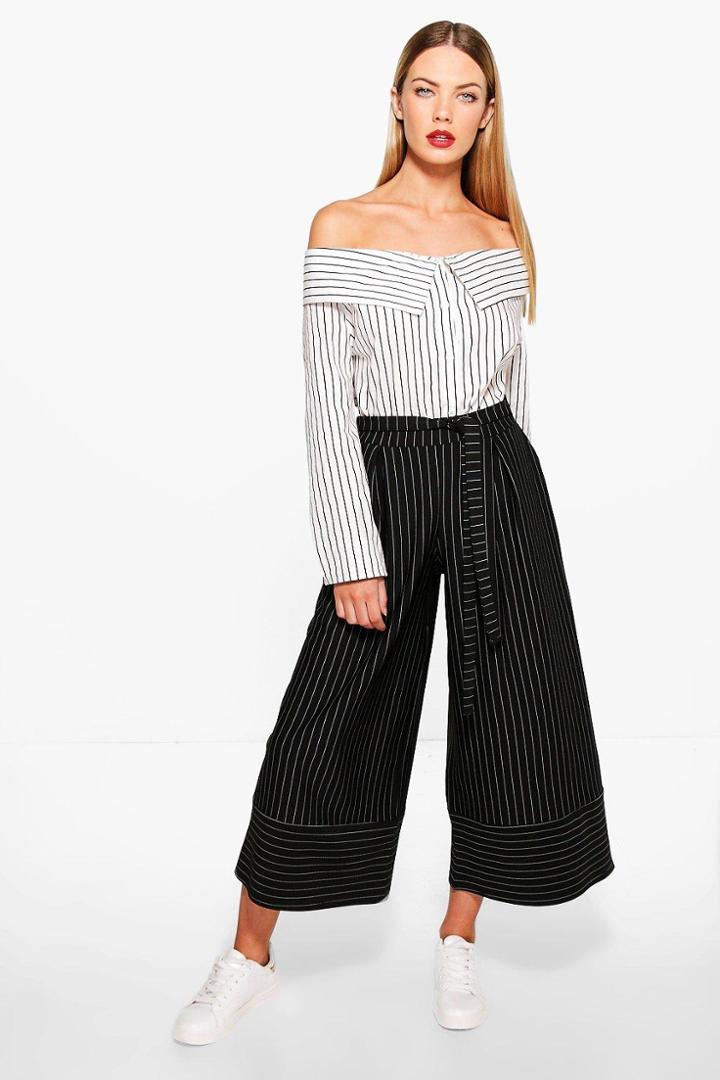 Boohoo Aria Contrast Pinstripe Wide Leg Cropped Trousers Black