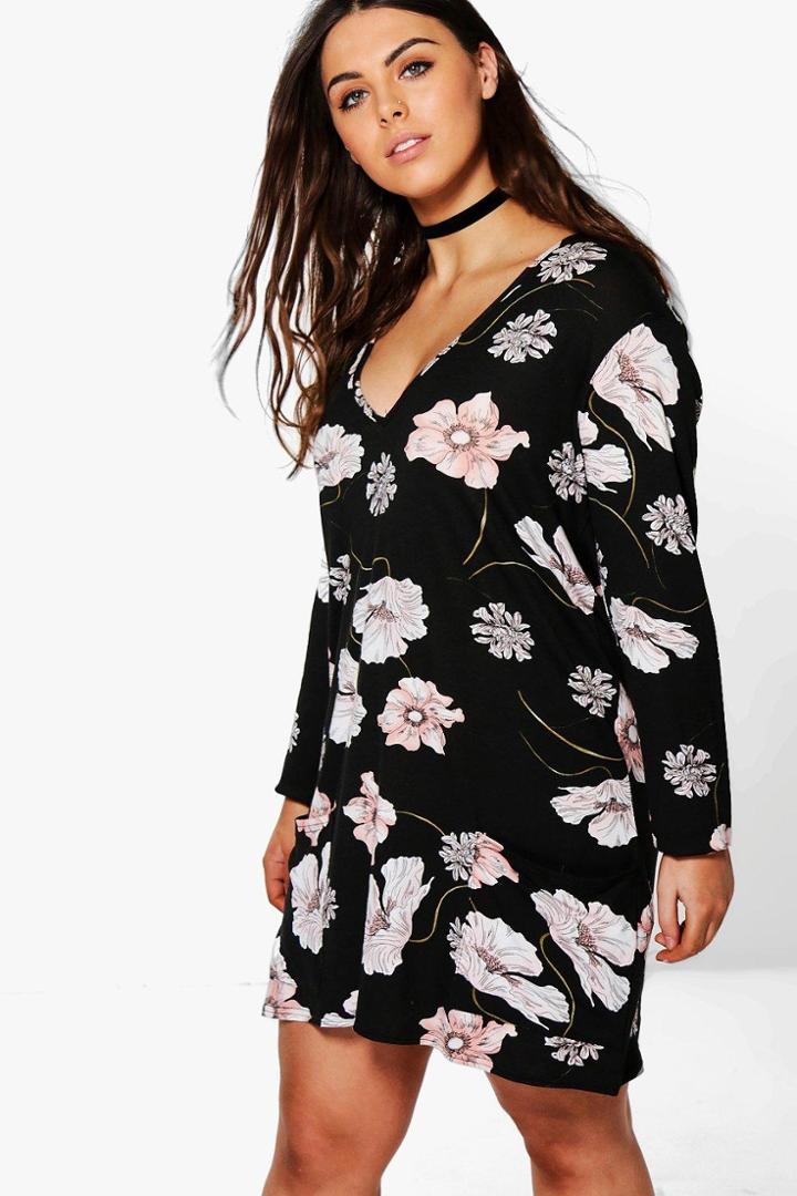 Boohoo Plus Emma Floral Pocket Front Shift Dress Multi