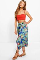 Boohoo Robyn Wrap Front Palm Print Midi Skirt Blue