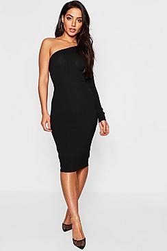 Boohoo Jumbo Rib One Shoulder Midi Dress